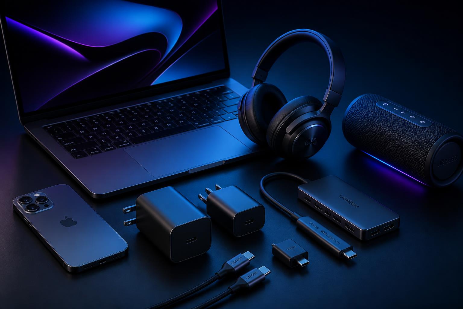 Laptop, teléfono, audífonos, cargadores, adaptadores y parlante portátil de ILTECH